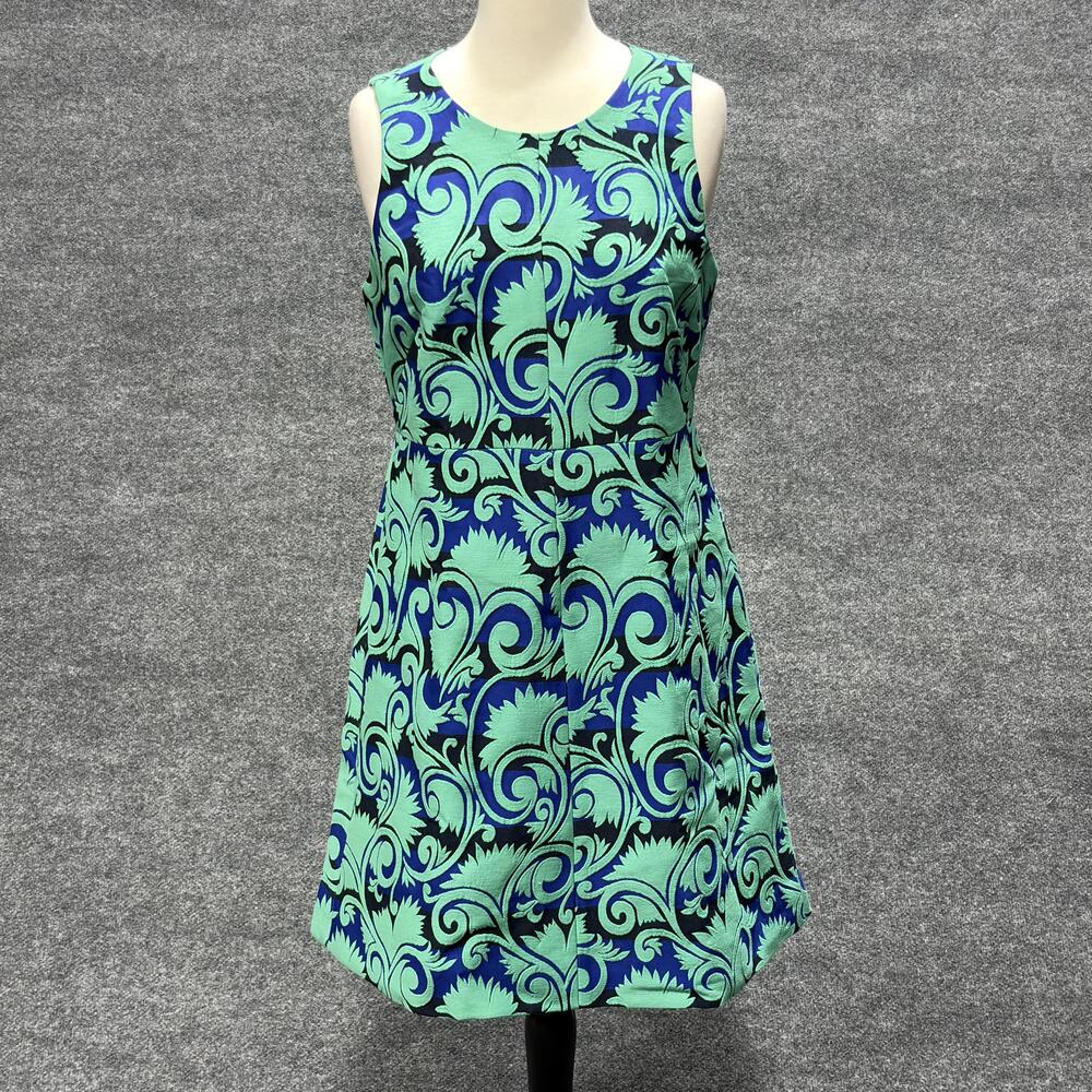 J Crew Dress Womens 8 Blue Green Jacquard Sleeveless Fit & Flare Party Midi